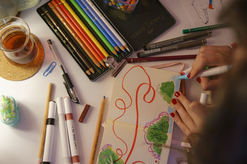 A vibrant sketchbook art session featuring colorful pencils, markers, and creative doodling.